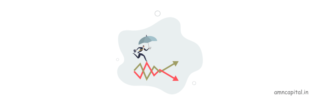 A cartoon character with an umbrella running over a fluctuating stock market graph, representing financial protection and adaptability.
